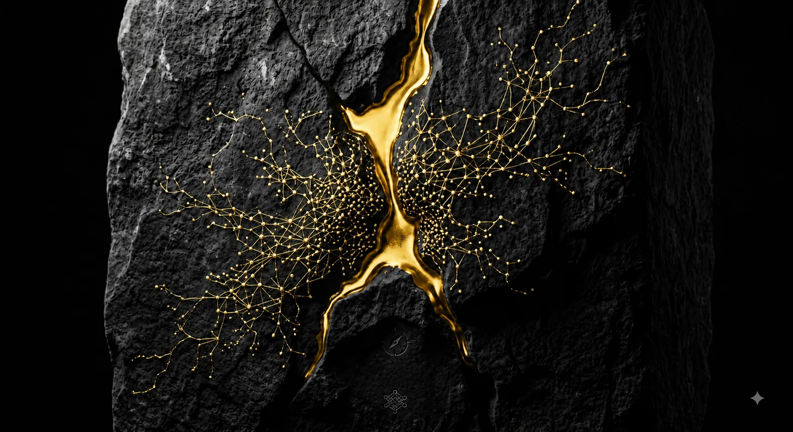 Black stone connected by gold lines as a symbol of operational architecture and transformation.