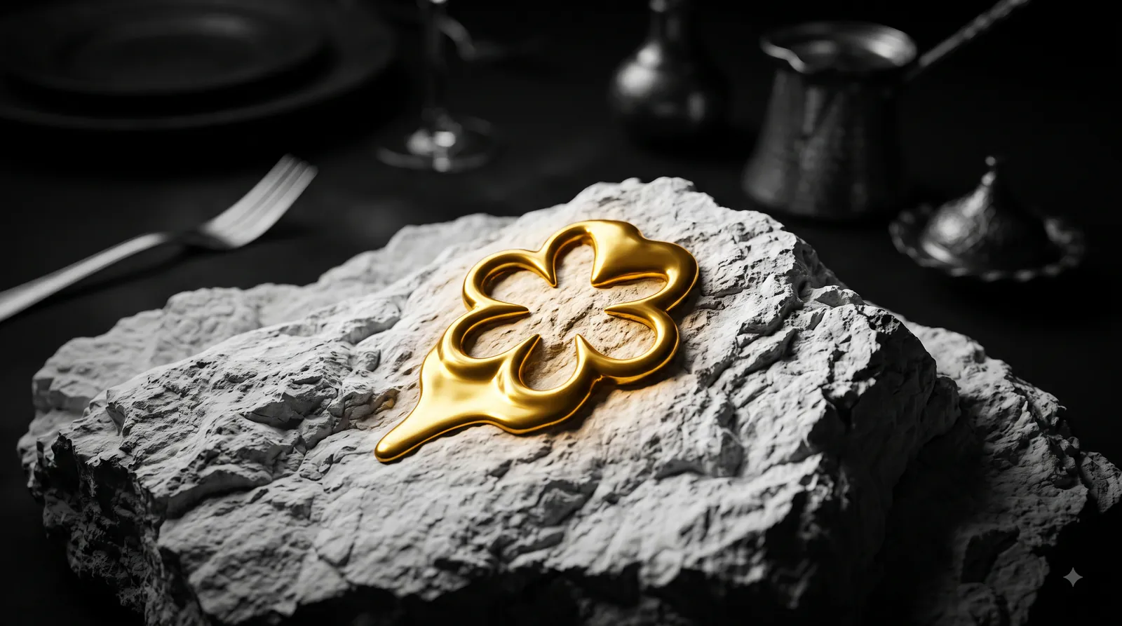 A gold gastronomic symbol on stone in a fine-dining setting.