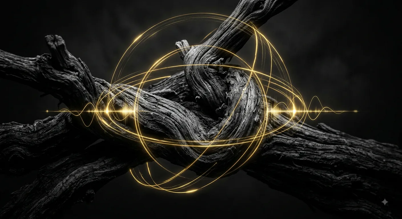 Natural wood linked by gold signal lines as a symbol of technology and local production.