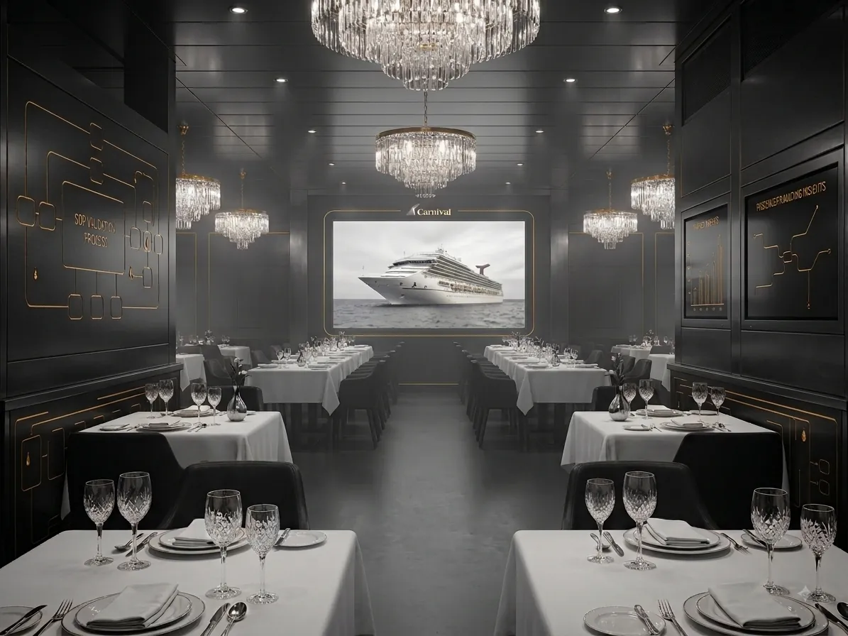 A large cruise-system restaurant with a Carnival ship and operational processes.