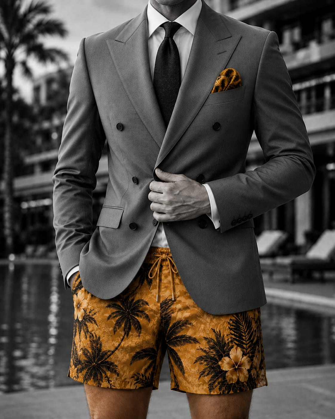 Victor Balog in a suit jacket and shorts by a hotel pool